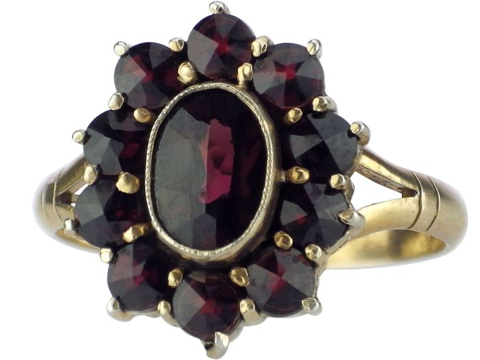 Art Deco 900 Silber vergoldet Böhmischer Granat Damen Blumen Ring