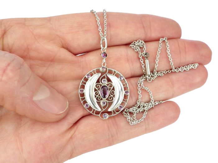 Jugendstil 935 Silber Depose Theodor Fahrner Amethyst Anhänger mit Kette!