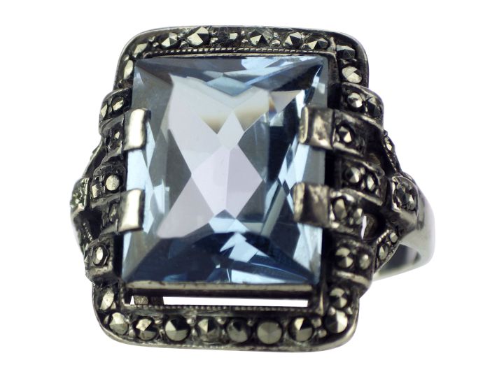 Art Deco 925 Silber Original Fahrner blauer Spinell & Markasiten Damen Ring!