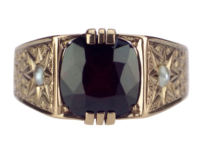 Art Deco 333 Roségold Gold Böhmischer Granat Saatperle handgraviert Ring! 