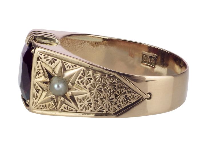 Art Deco 333 Roségold Gold Böhmischer Granat Saatperle handgraviert Ring! 