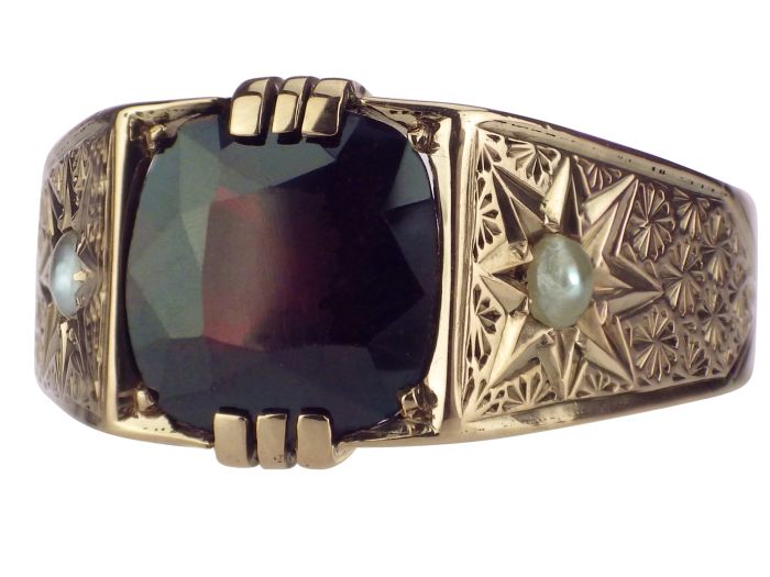 Art Deco 333 Roségold Gold Böhmischer Granat Saatperle handgraviert Ring! 
