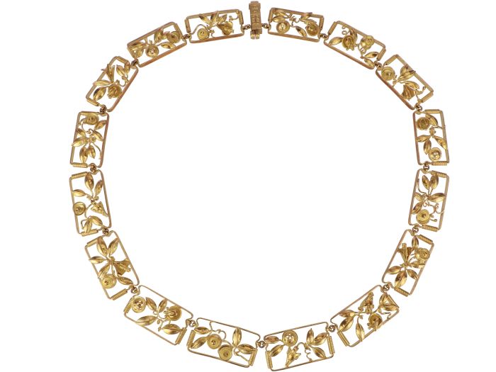 Ernst Treusch Leipzig Collier 750 Gold 1915 florale Atelierarbeit original Etui
