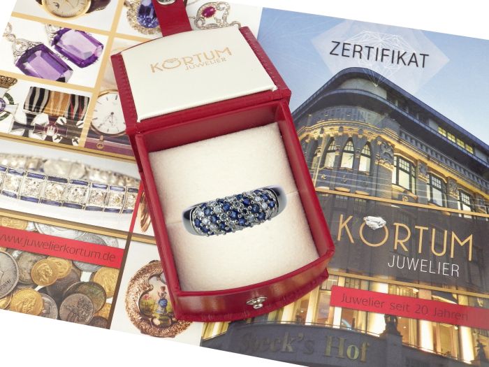 585 Weiß Gold 1,05 ct Saphir 0,45 ct Brillant Pavé Band Damen Ring! 