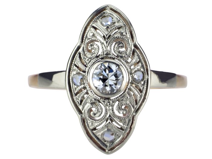 Jugendstil Schiffchenring 585er Gold 950er Platin 0,20 ct Diamant

!