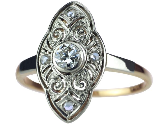 Jugendstil Schiffchenring 585er Gold 950er Platin 0,20 ct Diamant

!