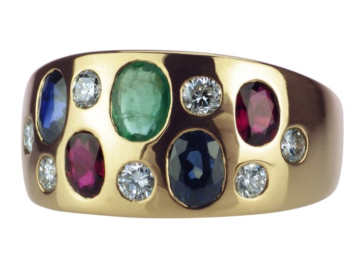 Vintage Harlekin 18 K 750 Gelb Gold Saphir Rubin Smaragd 0,35 ct Brillant Ring!