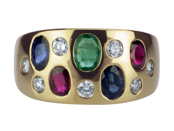 Vintage Harlekin 18 K 750 Gelb Gold Saphir Rubin Smaragd 0,35 ct Brillant Ring!