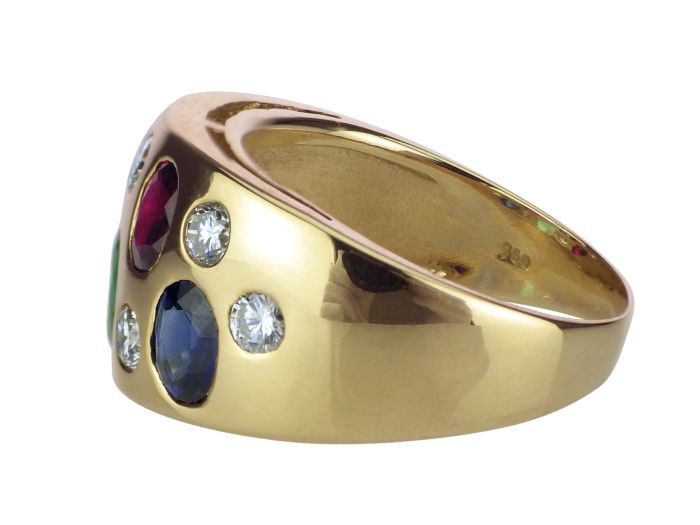 Vintage Harlekin 18 K 750 Gelb Gold Saphir Rubin Smaragd 0,35 ct Brillant Ring!
