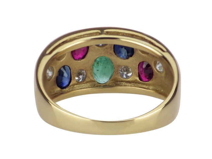 Vintage Harlekin 18 K 750 Gelb Gold Saphir Rubin Smaragd 0,35 ct Brillant Ring!