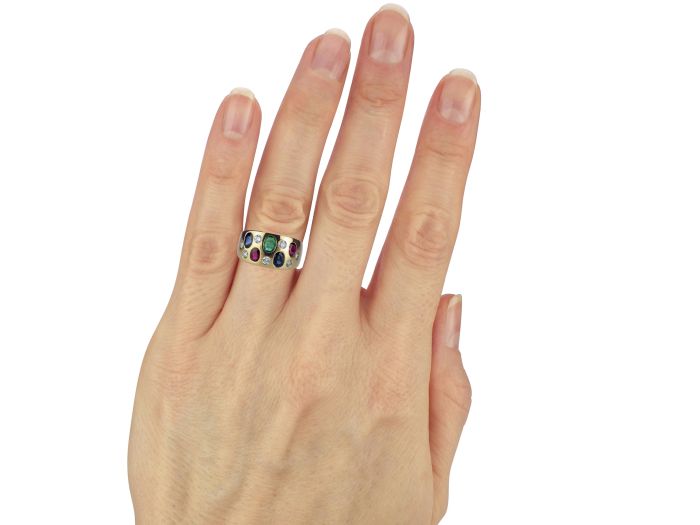 Vintage Harlekin 18 K 750 Gelb Gold Saphir Rubin Smaragd 0,35 ct Brillant Ring!