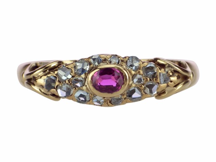 Jugendstil 585 Gelb Gold 0,10 ct Rubin 0,16 ct Diamant Rosen Damen Ring!