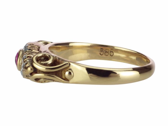 Jugendstil 585 Gelb Gold 0,10 ct Rubin 0,16 ct Diamant Rosen Damen Ring!