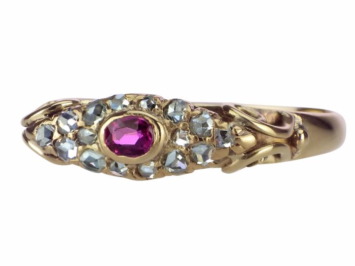 Jugendstil 585 Gelb Gold 0,10 ct Rubin 0,16 ct Diamant Rosen Damen Ring!