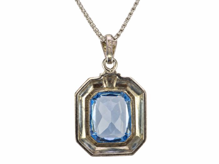 Art Déco Anhänger 835 Silber blauer Spinell 800 Silber Strickkette um 1930!