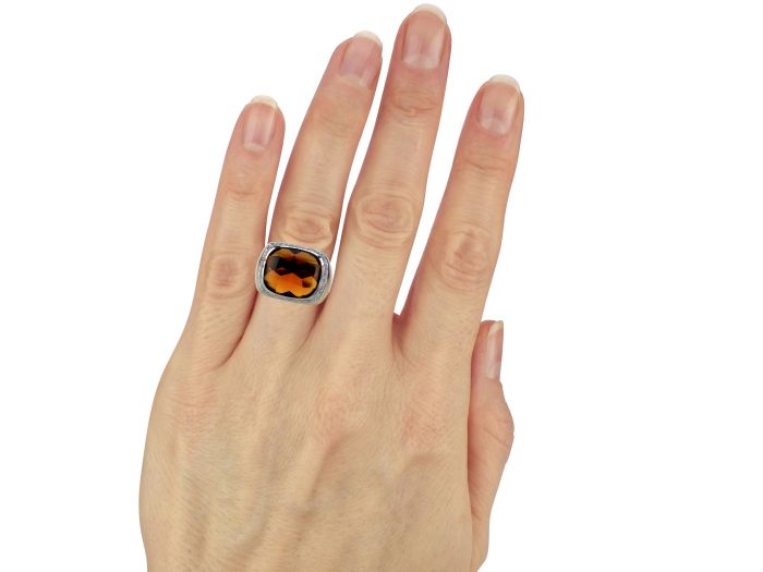 Vintage 18 K 750 Gelb Gold 10 ct Madeira Citrin 0,40 ct Diamant Cocktail Ring!